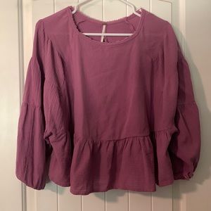 Free People Purple gauze Cotton Peplum Open Back Long Sleeve Blouse size Small